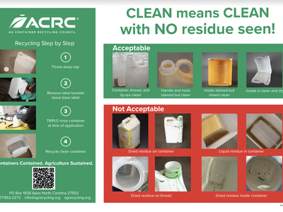 ACRC poster: CLEAN means CLEAN with NO residue seen! showing acceptable vs not acceptable containers