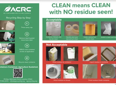 ACRC poster: CLEAN means CLEAN with NO residue seen! showing acceptable vs not acceptable containers