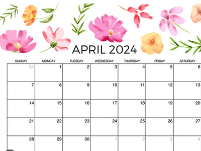 April 2024 calendar grid with watercolor flowers along the top