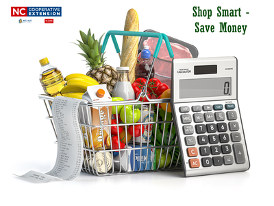 Grocery basket with food, long receipt and calculator; text "Shop Smart - Save Money"