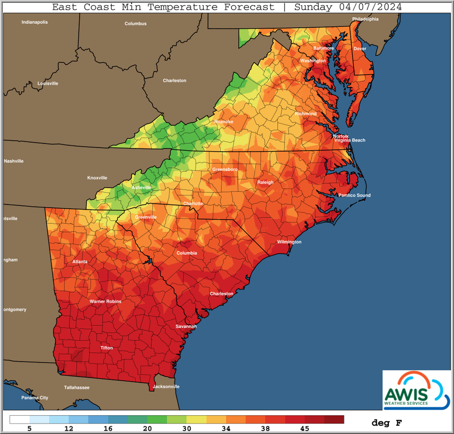 East Coast Min temperature Forecast Sunday 04/07/2024