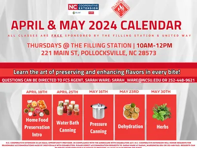 april and may 2024 calendar. classes are free sponsored by the filling station and united way. thursdays at the filling station 10am-12pm 221 main st, pollocksville, nc 28573. learn the art of preserving and enhancing flavors in every bite! questions can 
