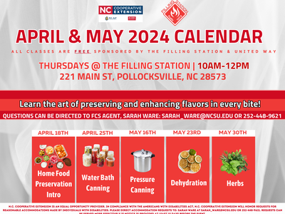 april and may 2024 calendar. classes are free sponsored by the filling station and united way. thursdays at the filling station 10am-12pm 221 main st, pollocksville, nc 28573. learn the art of preserving and enhancing flavors in every bite! questions can 