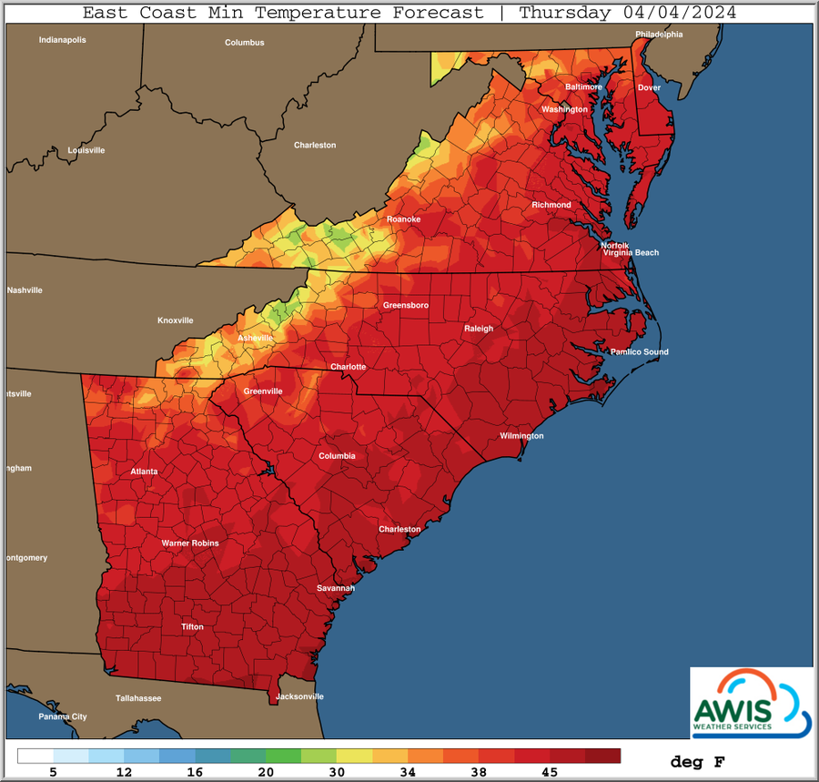 East Coast Min temperature Forecast Thursday 04/04/2024