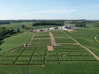 Aerial view of rectangular crop plots in grid pattern leading to farm buildings and grain silos