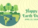 Half of an Earth with trees growing out of the top half. Earth is smiling and there is a 4-H Clover in the middle tree. Happy Earth Day, April 22, 2024 is written out to the right. Background is green with light brown contour lines