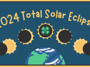 2024 Total Solar Eclipse written in gold font on a blue background. Phases of a solar eclipse are below with a green 4-H clover in the middle of one of the moons. Part of a globe is at the bottom of the page.