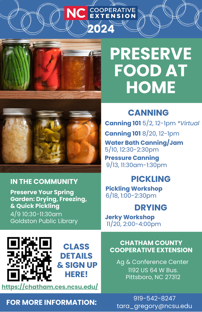 Flyer with picture of home canned foods, a QR code, and class dates and times