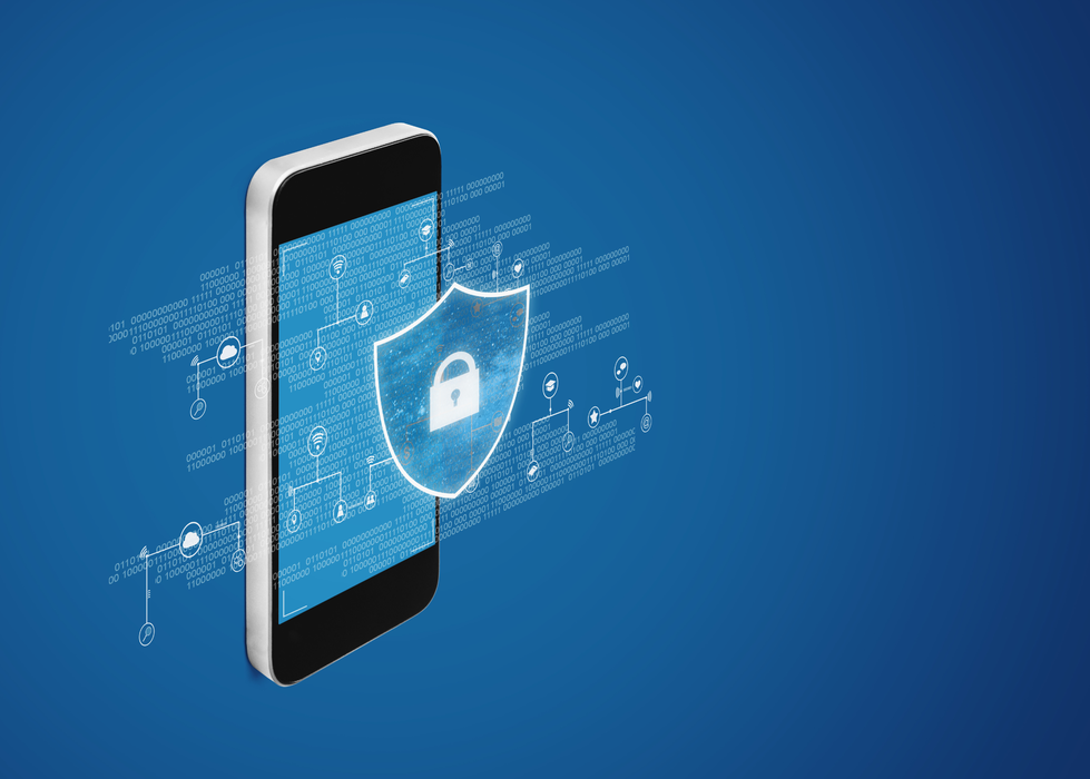 A cellphone with a digital security sign on its screen.