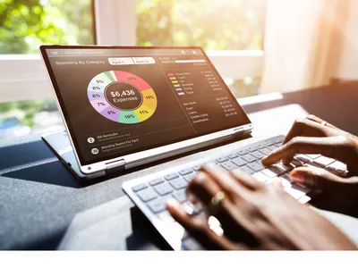 A person looks at a budget on a laptop.
