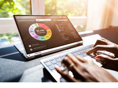 A person looks at a budget on a laptop.