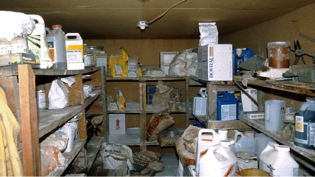 Storage shelves holding chemical bags, plastic jugs, and boxes; box labeled "UP".