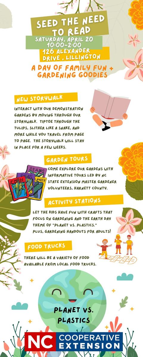 Flyer: "Seed the Need to Read" event Sat Apr 20 10:00–2:00, 126 Alexander Drive, Lillington