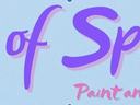"Sip of Spring; Paint and Sip Class" text in purple and pink script on blue background