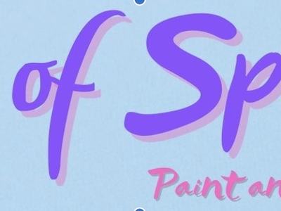 "Sip of Spring; Paint and Sip Class" text in purple and pink script on blue background