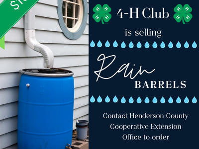 Blue rain barrel under a downspout; $100; text: "Young Naturalists 4‑H Club is selling Rain Barrels."