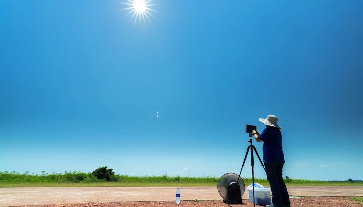A simple outdoor scene with a bright sun shining in a clear blue sky. A single person is filming with an iPad, standing in an open area. The person is wearing a hat and sunglasses for sun protection. Nearby, a water bottle and a portable fan are placed on the ground, indicating measures taken to manage the heat.