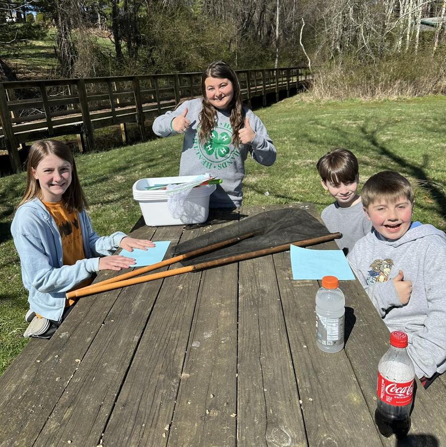 Four children at a picnic table with nets and poles on grass; Coca-Cola bottle visible