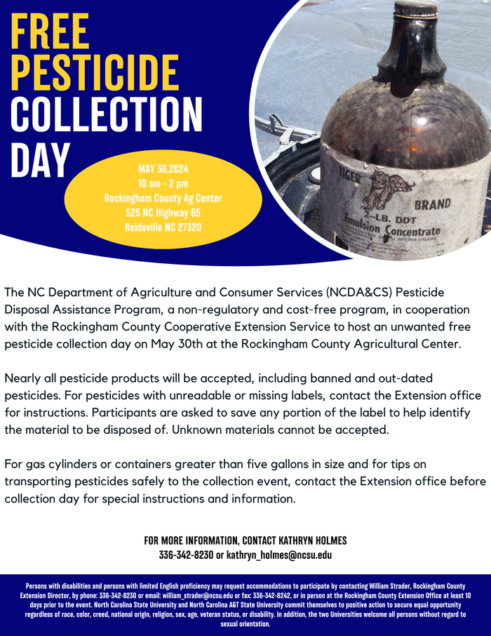 Free pesticide collection day flyer — May 30, 2024, 10am–2pm, Rockingham County Ag Center