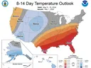 Map showing the 8-14 day temperature outlook across the United States, valid from May 9-15, 2024. The map highlights various regions with expected temperatures above, near, or below normal, with a color-coded legend indicating probability percentages.