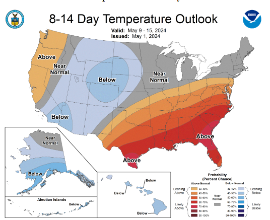 Map showing the 8-14 day temperature outlook across the United States, valid from May 9-15, 2024. The map highlights various regions with expected temperatures above, near, or below normal, with a color-coded legend indicating probability percentages.