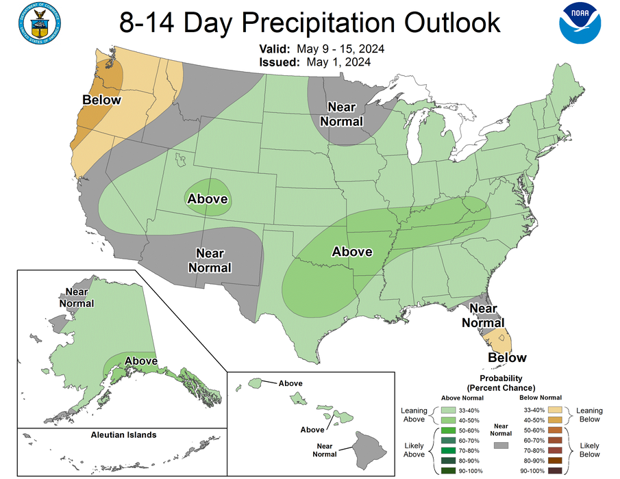 Map highlighting the 8-14 day precipitation outlook for the Southeastern United States, from May 9-15, 2024. The region is expected to experience above-normal precipitation, indicated by a light green shading on the map. A legend details the probability percentages for precipitation levels.