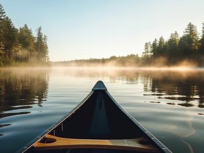 Canoe bow on calm misty lake at sunrise with tree-lined shore reflections