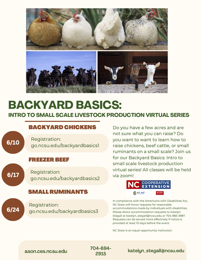 flyer for backyard basics webinars, includes picture of cow, chickens, and goats. Includes program details listed below. 