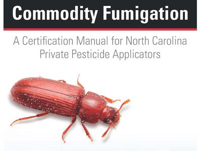 Red beetle above grain silos; text "Commodity Fumigation" and "NC STATE EXTENSION"