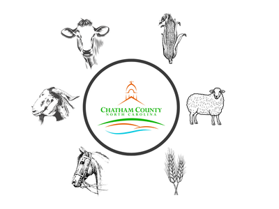 Chatham County North Carolina logo centered, surrounded by cow, corn, sheep, goat, horse, wheat.