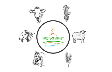 Chatham County North Carolina logo centered, surrounded by cow, corn, sheep, goat, horse, wheat.