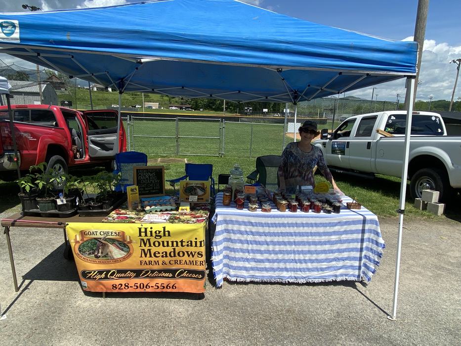 Farm stand under blue canopy selling jars, plants, and cheese; banner "High Mountain Meadows Farm & Creamer"