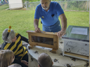 Man demonstrating a small enclosed bee observation hive to children at an outdoor table