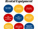 bubbles listing the equipment for rent