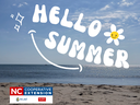 Beach shoreline with overlaid text "HELLO SUMMER" and NC Cooperative Extension logo