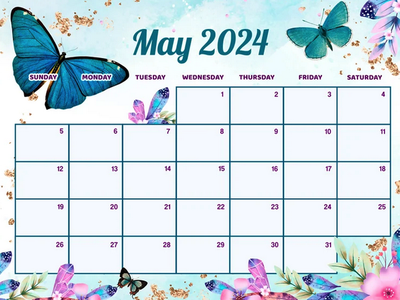 May 2024 monthly calendar grid with butterflies and floral border, weekdays labeled Sunday–Saturday