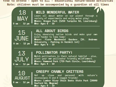 Children's Nature Programs Summer 2024 flyer listing four event dates and locations