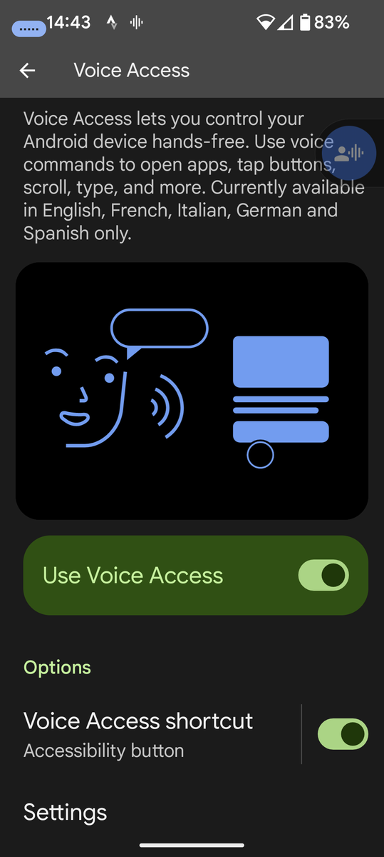 Screen shot of voice access