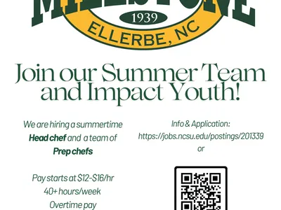 Millstone 4-H Camp Ellerbe logo; "Join our Summer Team and Impact Youth!" hiring head chef, prep chefs, pay $12-$16/hr