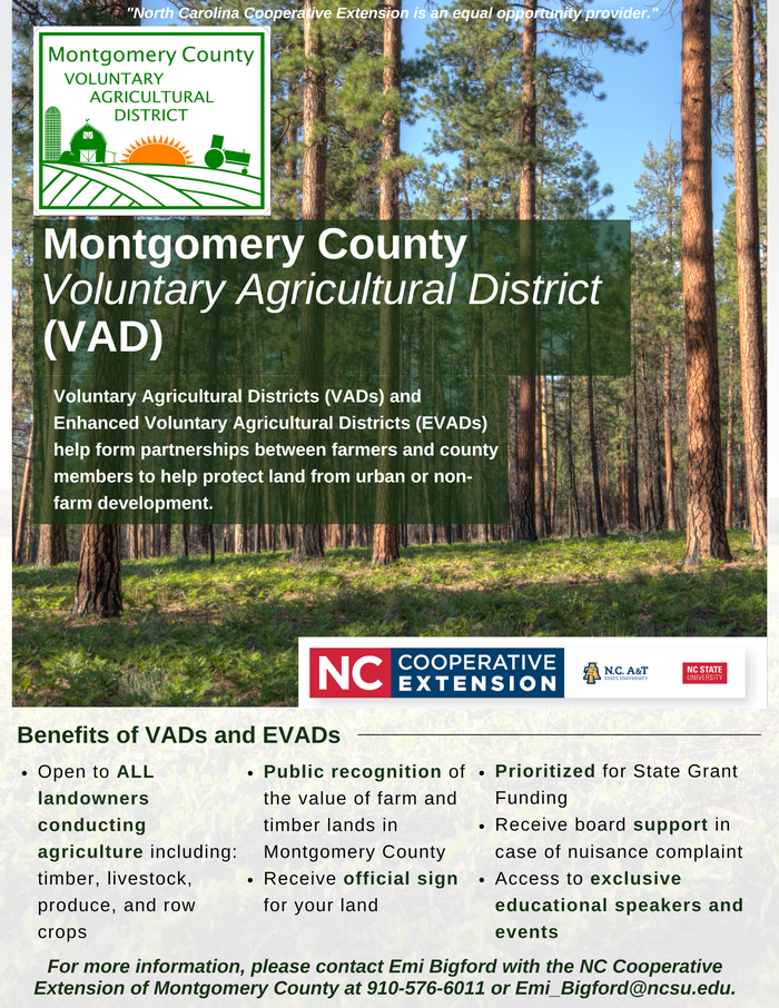 Montgomery County Voluntary Agricultural District (VAD) poster with NC Cooperative Extension logo