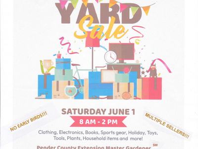 Yard sale poster: "YARD Sale" with stacked items and bunting; Saturday June 1, 8 AM–2 PM