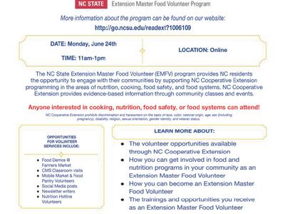 Extension Master Food Volunteer Program flyer: online interest meeting June 24, 11am–1pm