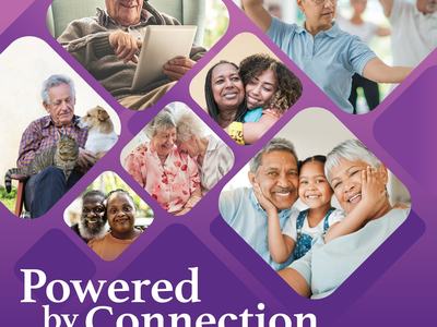 Collage of older adults interacting and hugging; text "Powered by Connection"