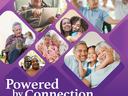 Collage of older adults interacting and hugging; text "Powered by Connection"