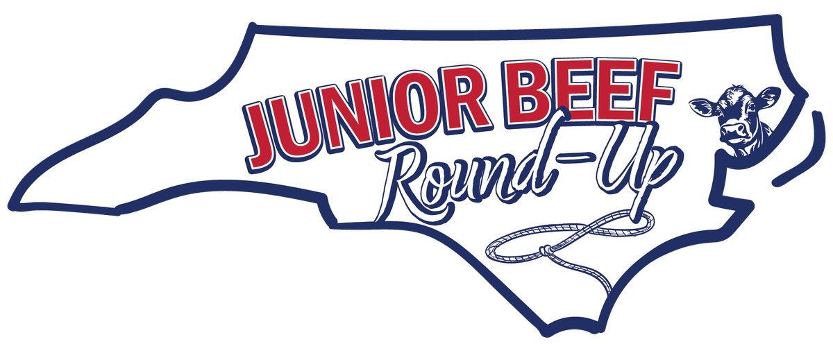 North Carolina outline with text "JUNIOR BEEF Round-Up", cow head and lasso