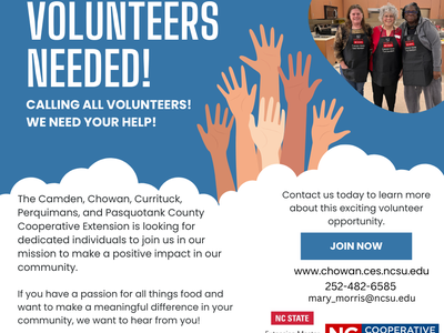 Three volunteers in a kitchen; text: VOLUNTEERS NEEDED! CALLING ALL VOLUNTEERS! WE NEED YOUR HELP!