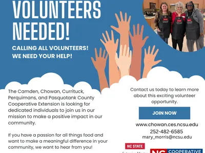 Three volunteers in a kitchen; text: VOLUNTEERS NEEDED! CALLING ALL VOLUNTEERS! WE NEED YOUR HELP!