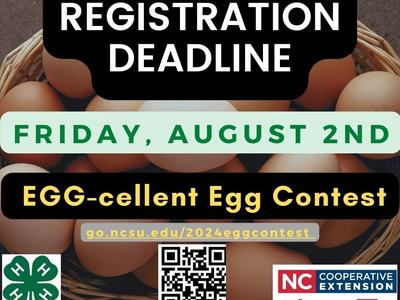Basket of eggs; text: Registration deadline — Friday, August 2nd; EGG-cellent Egg Contest; QR code