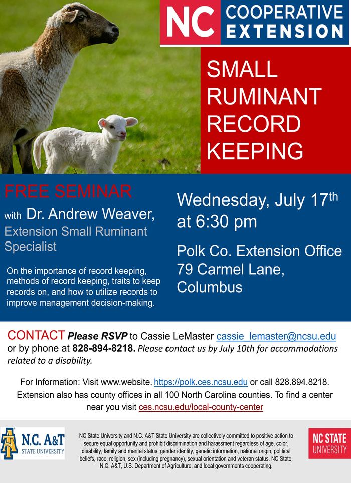 Sheep and lamb with NC Cooperative Extension — SMALL RUMINANT RECORD KEEPING free seminar