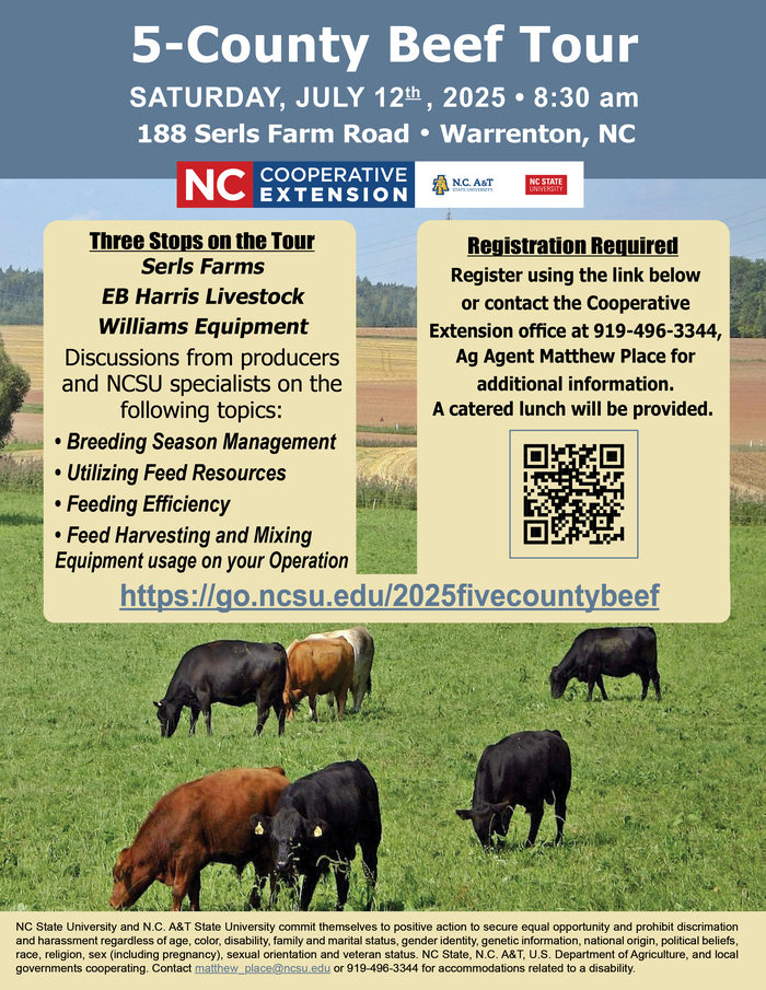 2025 5-County Beef Tour flyer, with date, time, location and registration info. image of cattle and field landscape